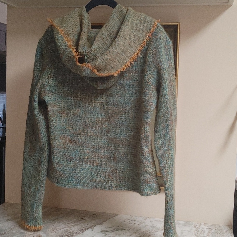 OOAK Handwoven Wool Hoodie Turquoise & Gold - Picture 15 of 17